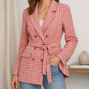 Free People Olivia Tie Waist Gingham Double Breasted Blazer | Size M